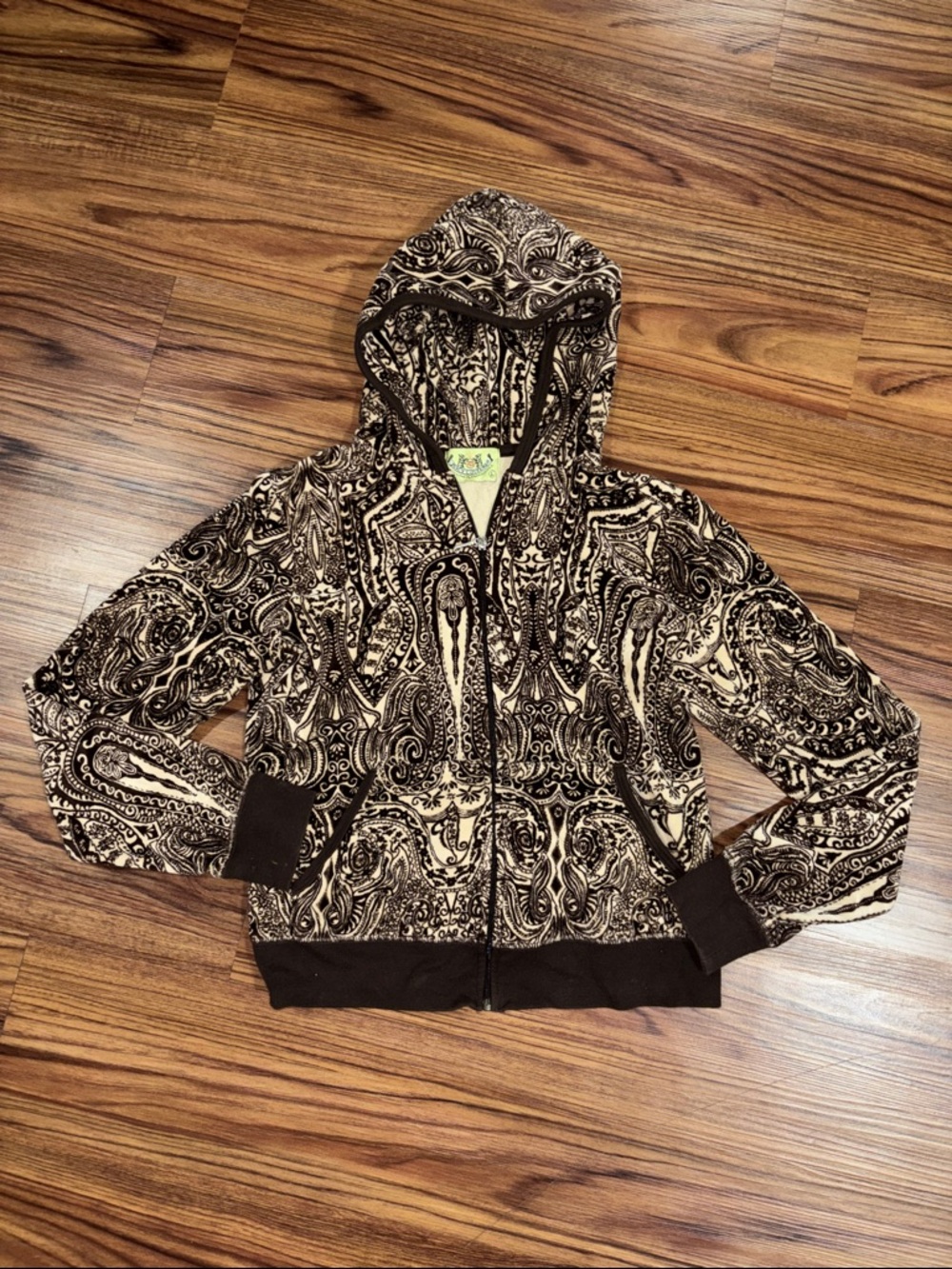Y2K Juicy Couture Brown Paisley Hooded Zip Up Velour Jacket